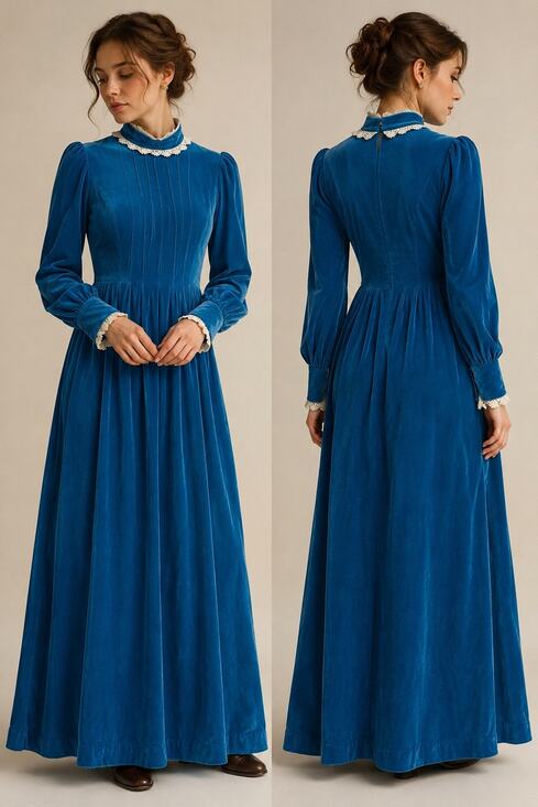 Handmade Dresses & Skirts - Vintage Handmade Blue Velvet Maxi Dress Lace Trim Prairie Victorian Cottagecore